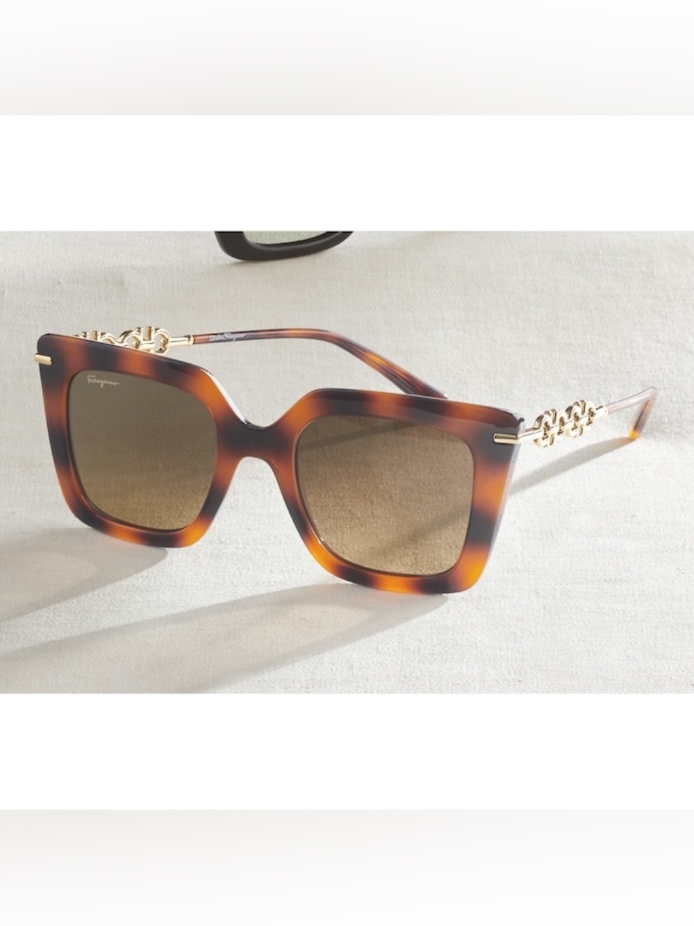 Salvatore Ferragamo Tortoiseshell Brown Square Sunglasses with Gold Chain Arms